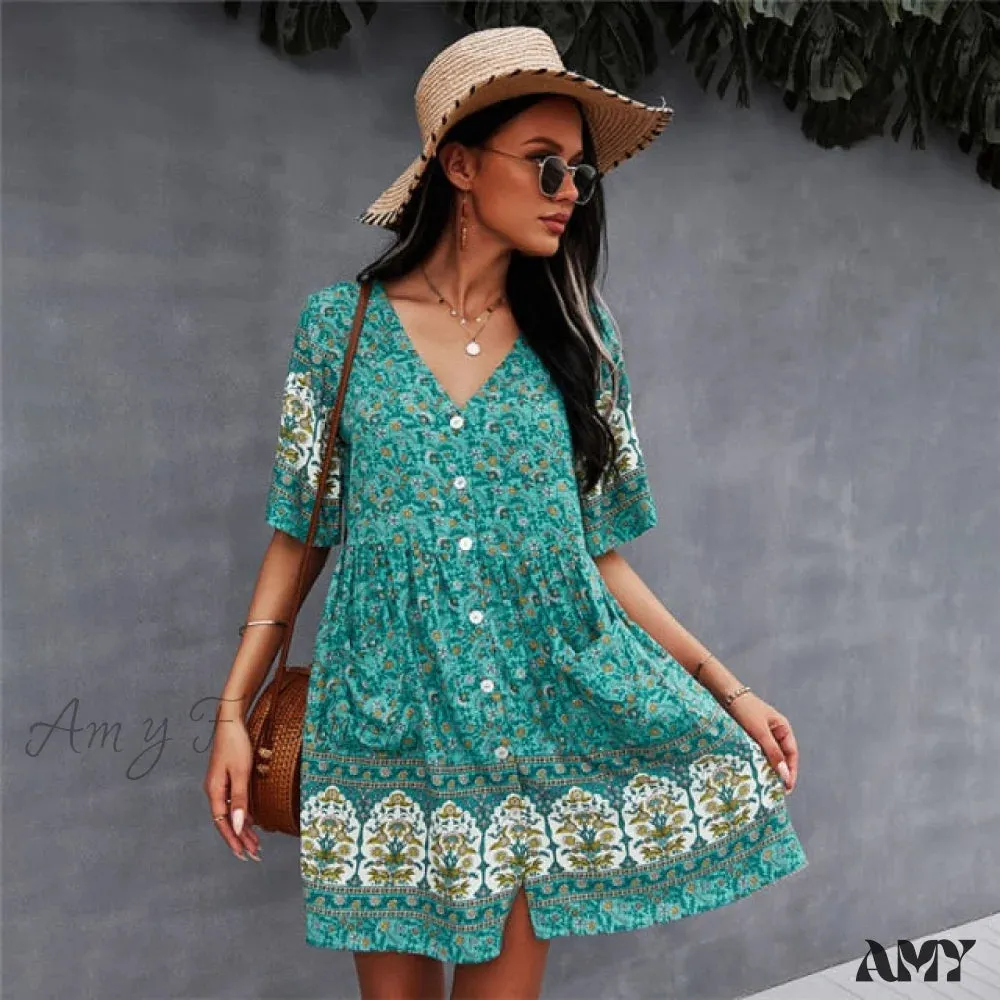 Amy Fashion - Short Sleeve Floral Print Fashion Sexy Dress