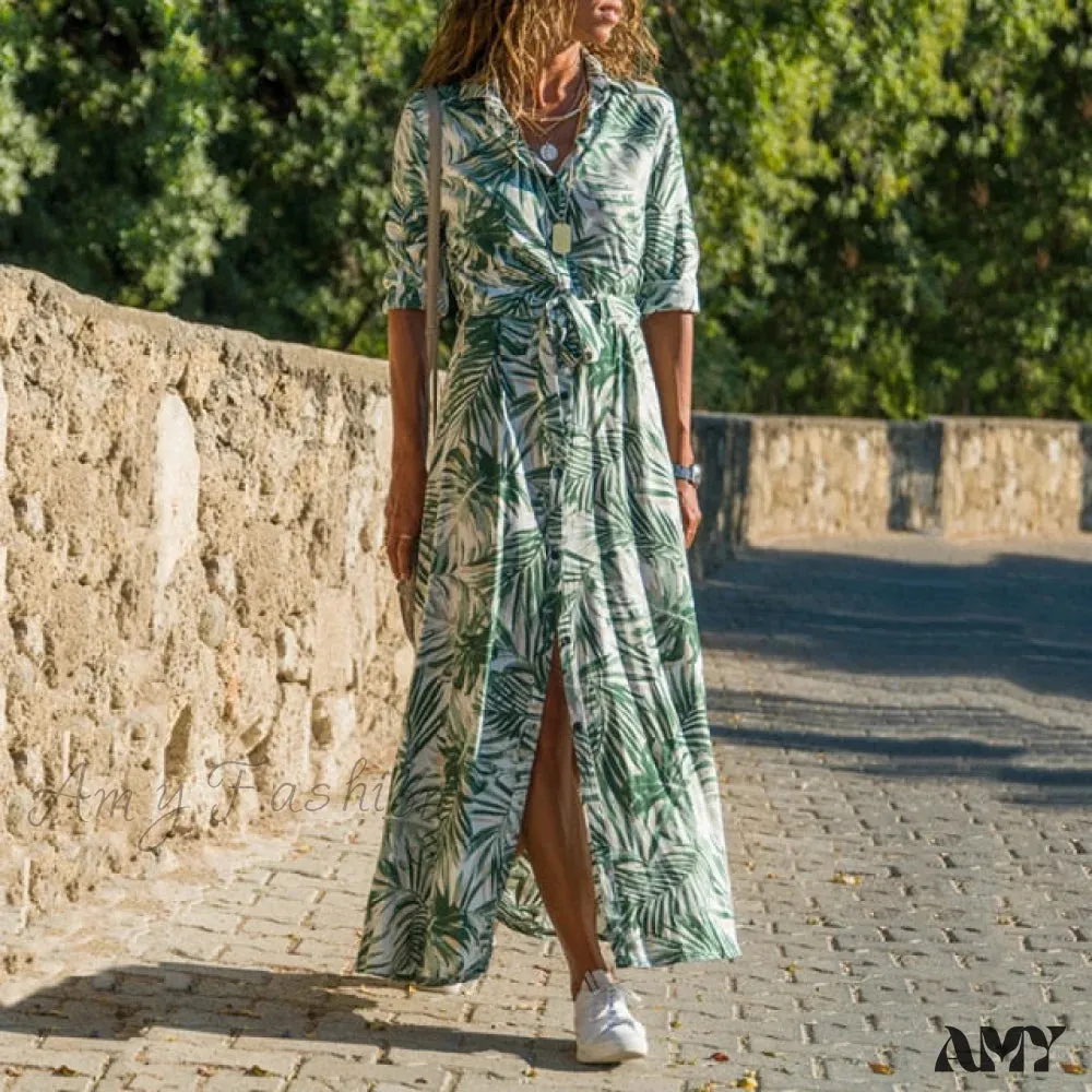 Amy Fashion - Women Chiffon Button Shirt Dress