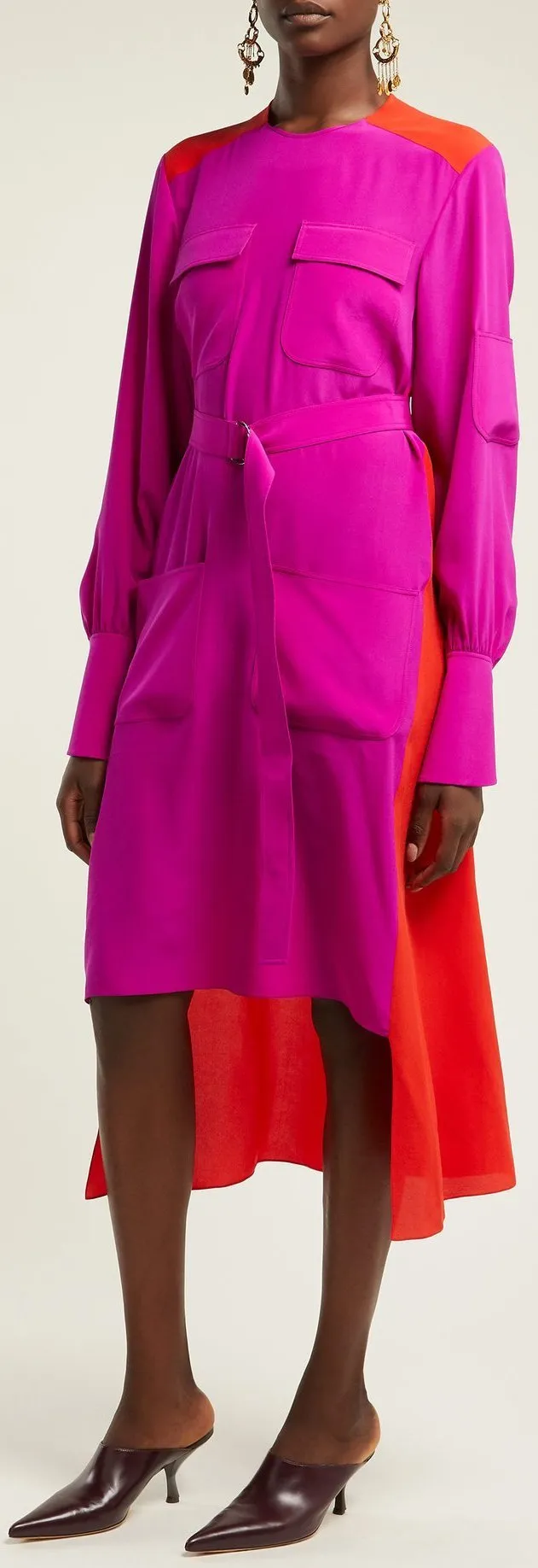 Asymmetrical Colour-Block Panelled Crepe Shirt-Dress