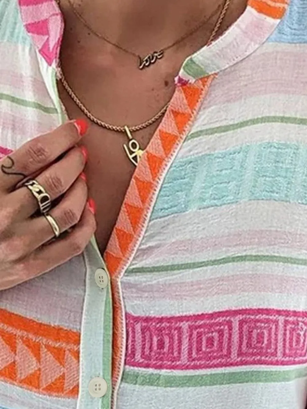 Boho Geometric Print Mini Dress with Buttoned Bracelet Sleeves