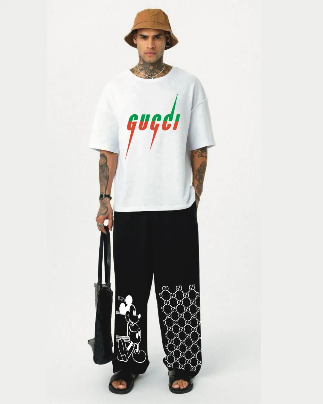 Dhawan Gu'ccci tee and Mickey Mouse style pants cordset (white and black)*