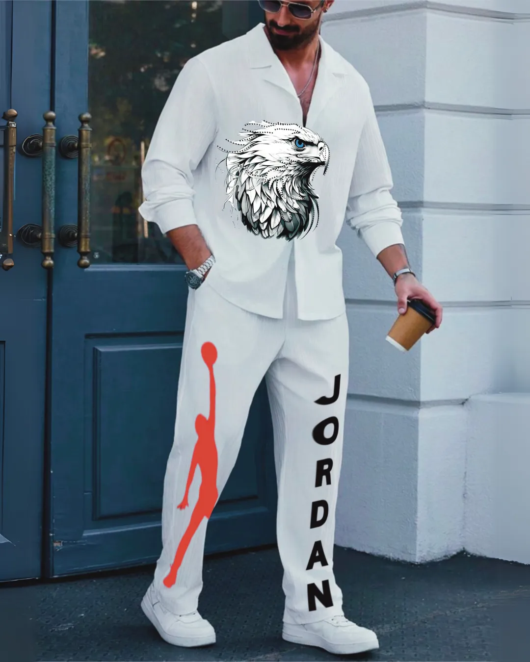Eagle Full Sleeve Oversized Knitted Shirt with Basketball Pant Coord Set - White and White (*)