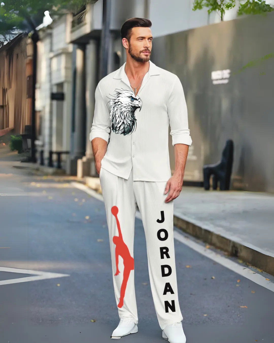 Eagle Full Sleeve Oversized Knitted Shirt with Basketball Pant Coord Set - White and White (*)