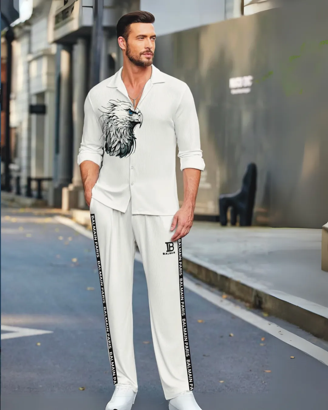 Eagle Full Sleeve with Paris Oversized Knitted Shirt Coord Set - White and White (*)