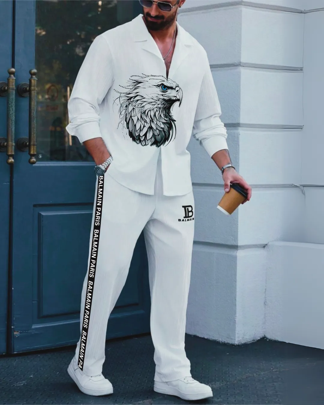 Eagle Full Sleeve with Paris Oversized Knitted Shirt Coord Set - White and White (*)