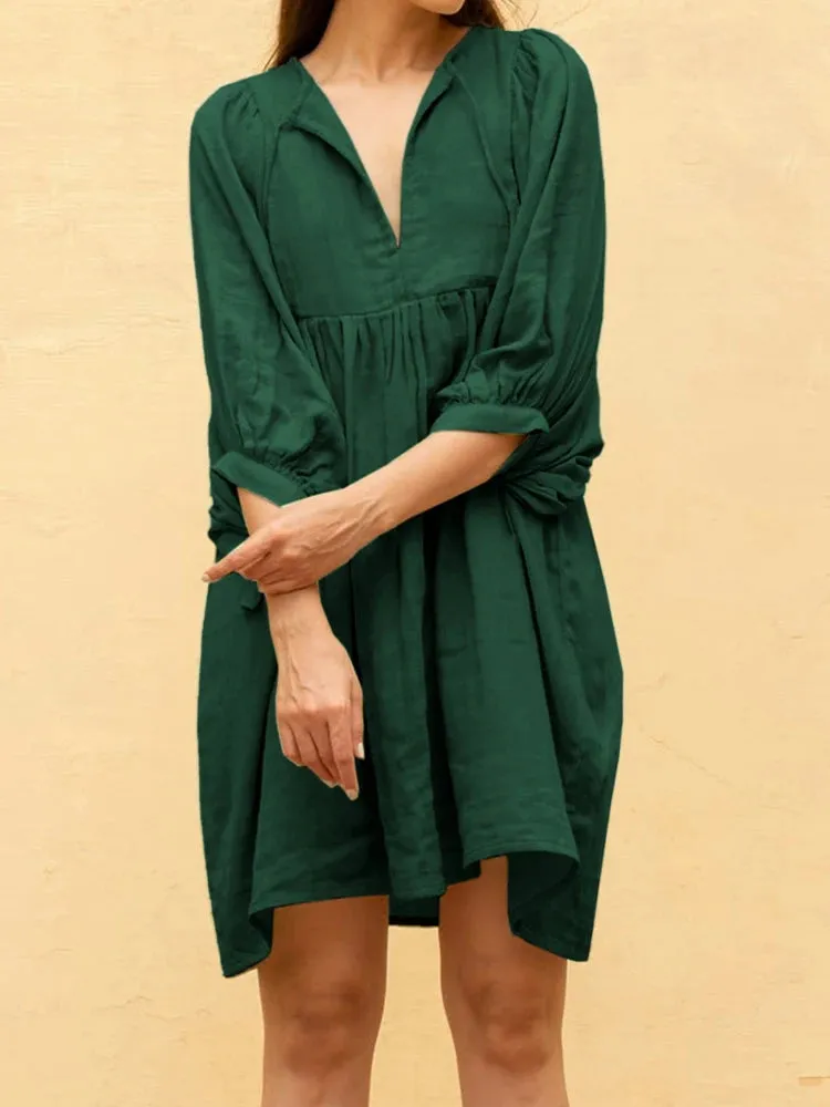 FashionSierra - 2024 Summer Casual Pleated V Neck Lace Up Lantern Sleeve Boho Dress