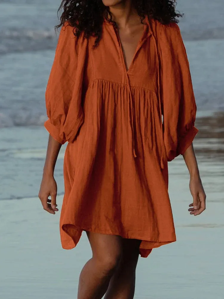 FashionSierra - 2024 Summer Casual Pleated V Neck Lace Up Lantern Sleeve Boho Dress