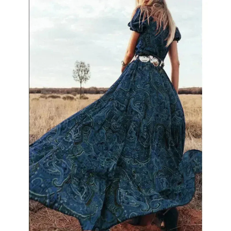 FashionSierra - 2024 Vintage Floral Print Chiffon Gypsy Hippie Boho Dress