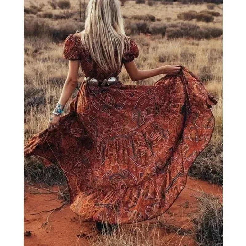 FashionSierra - 2024 Vintage Floral Print Chiffon Gypsy Hippie Boho Dress