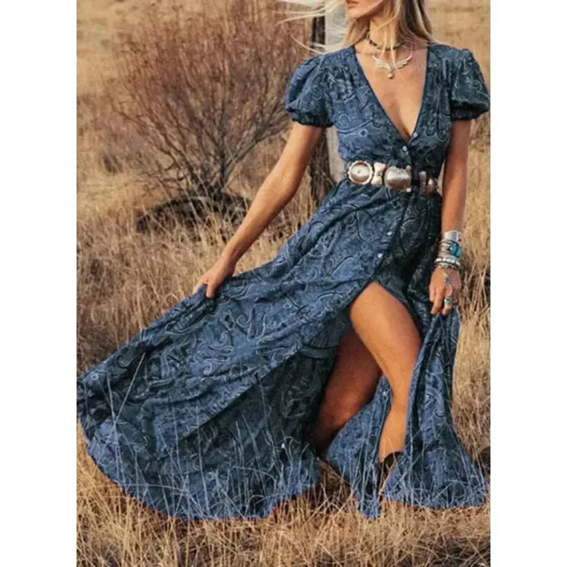 FashionSierra - 2024 Vintage Floral Print Chiffon Gypsy Hippie Boho Dress
