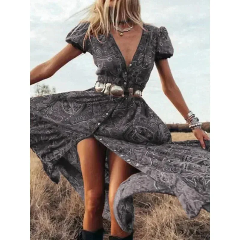 FashionSierra - 2024 Vintage Floral Print Chiffon Gypsy Hippie Boho Dress
