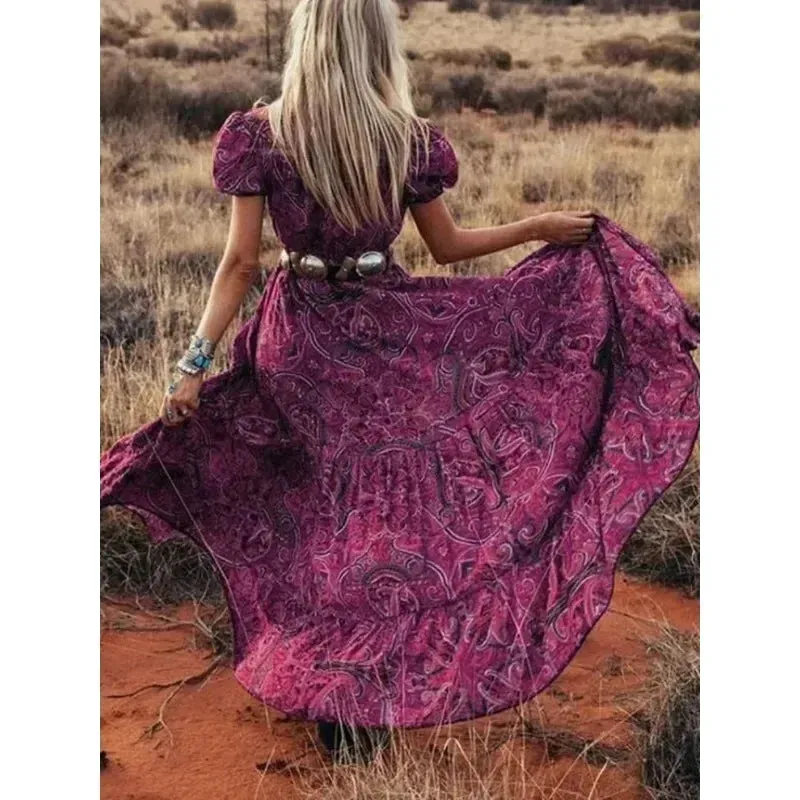 FashionSierra - 2024 Vintage Floral Print Chiffon Gypsy Hippie Boho Dress