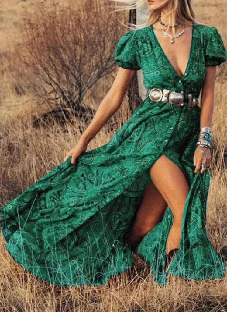 FashionSierra - 2024 Vintage Floral Print Chiffon Gypsy Hippie Boho Dress