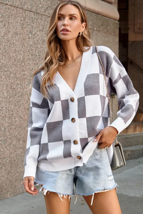 Gray Checkered Cardigan