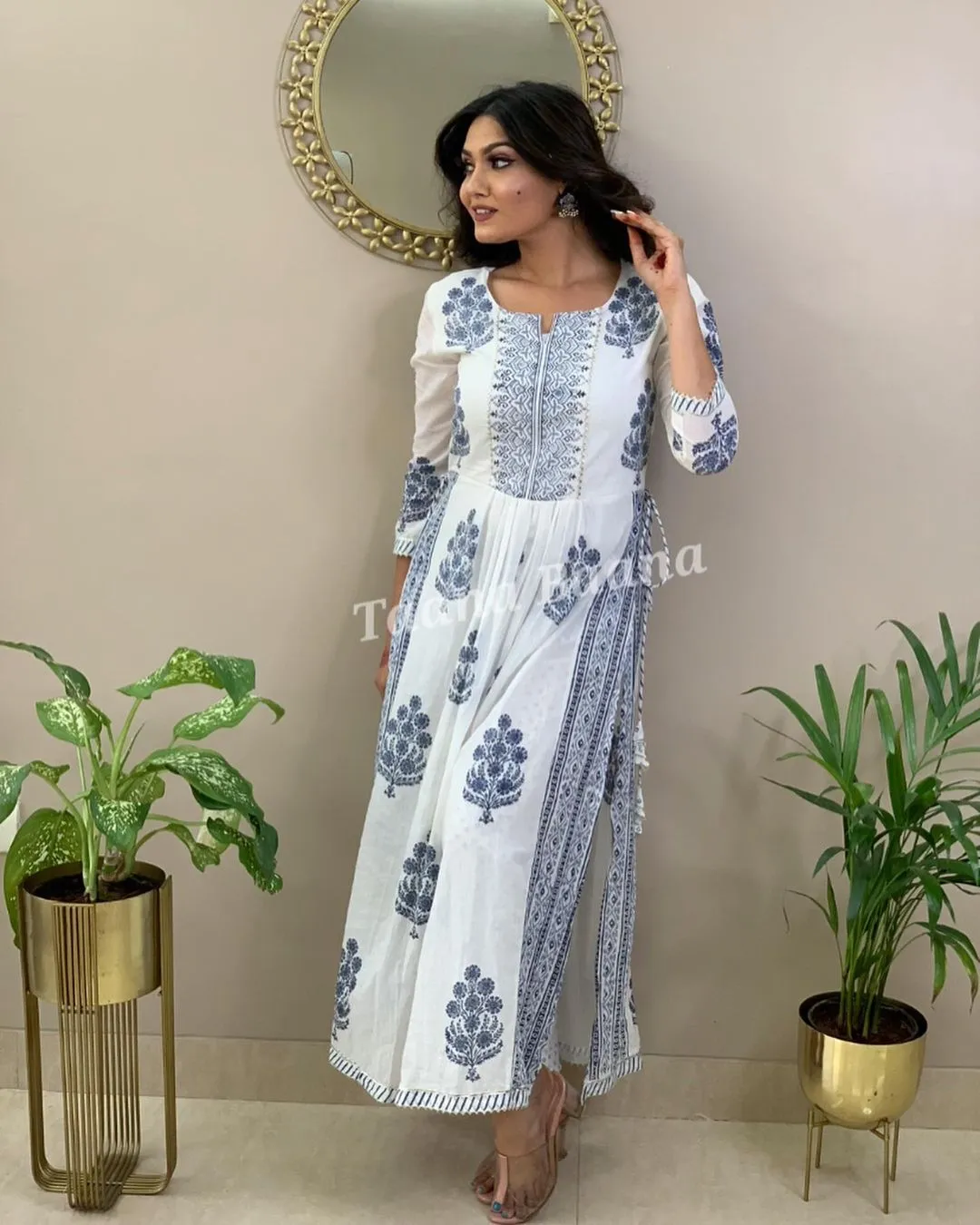 Hand Block Print Long Slit Cotton Kurti Pant Set