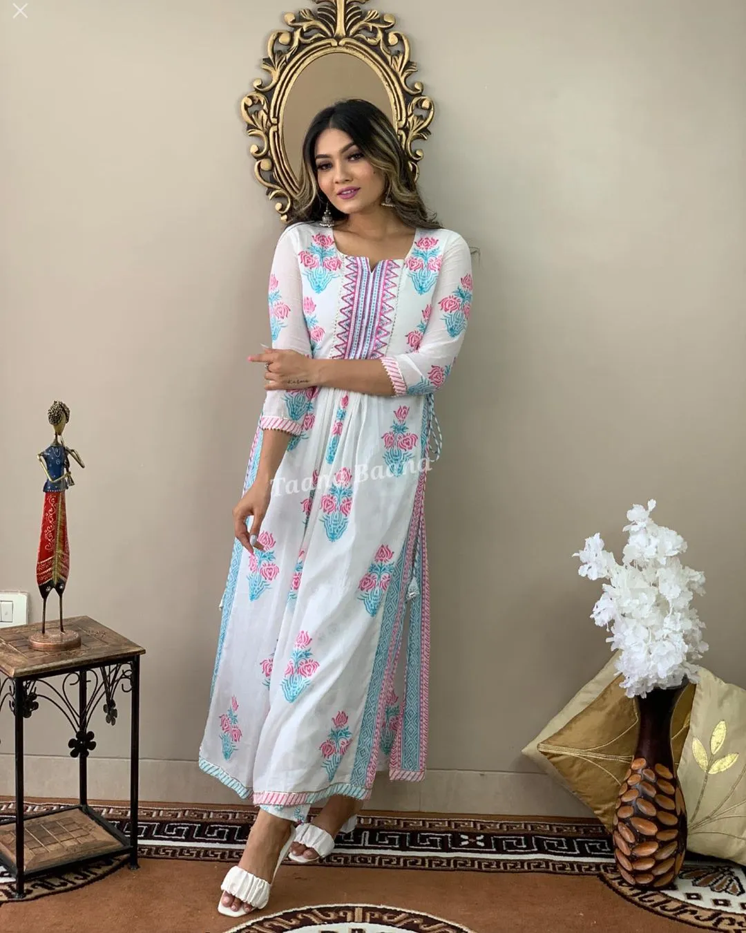 Hand Block Print Long Slit Cotton Kurti Pant Set