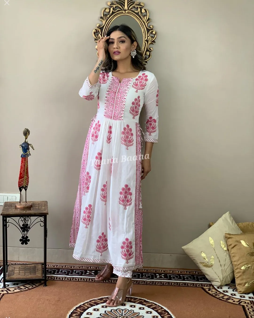 Hand Block Print Long Slit Cotton Kurti Pant Set