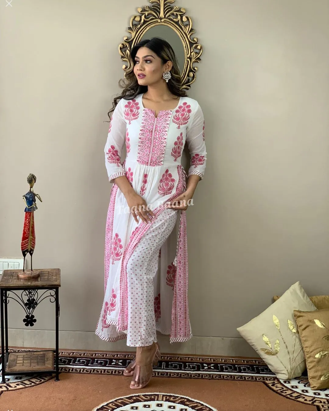 Hand Block Print Long Slit Cotton Kurti Pant Set