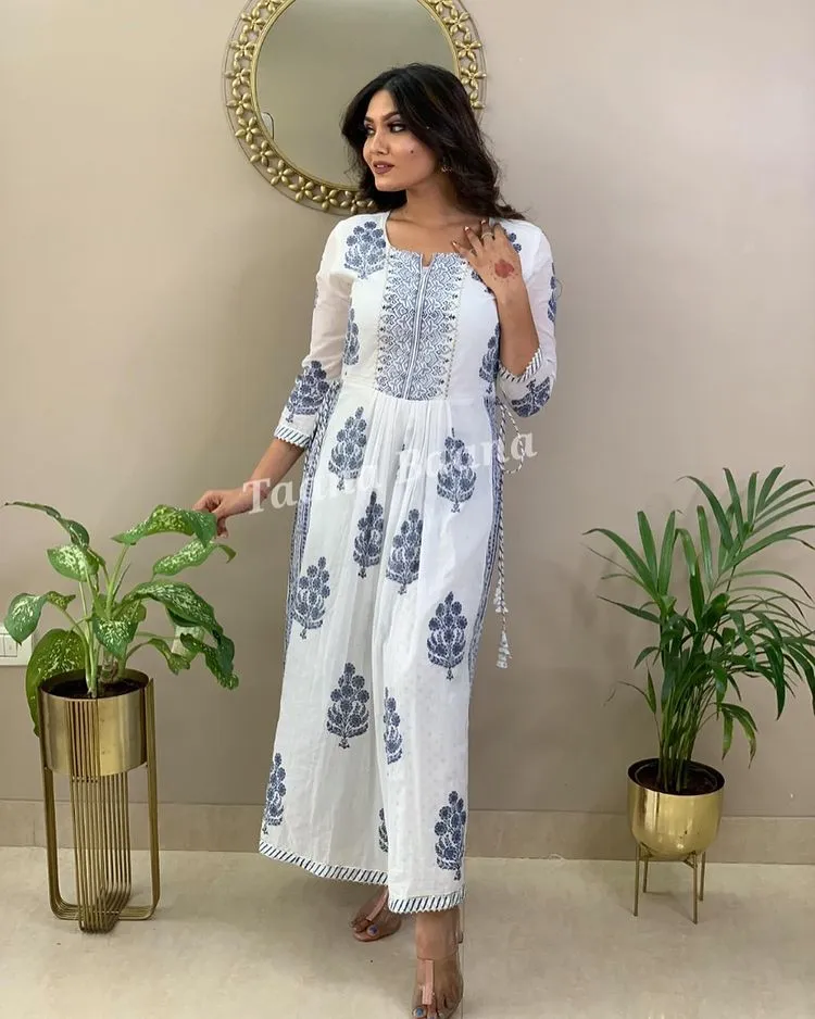 Hand Block Print Long Slit Cotton Kurti Pant Set