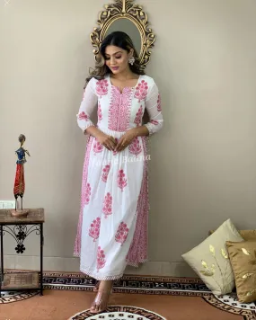 Hand Block Print Long Slit Cotton Kurti Pant Set
