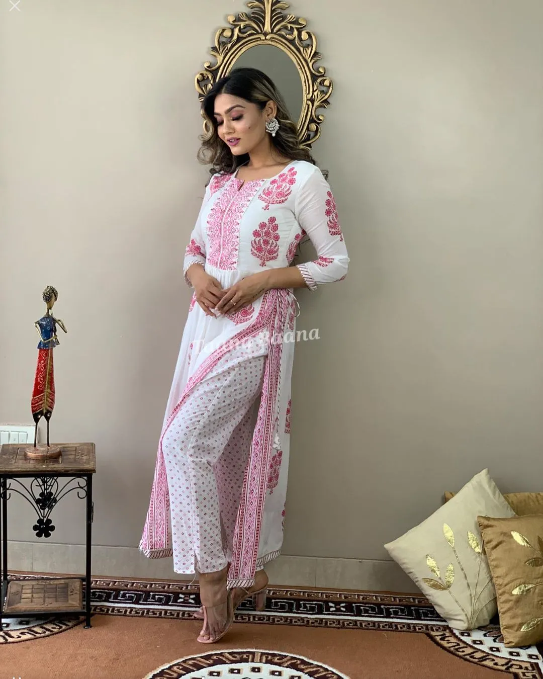 Hand Block Print Long Slit Cotton Kurti Pant Set