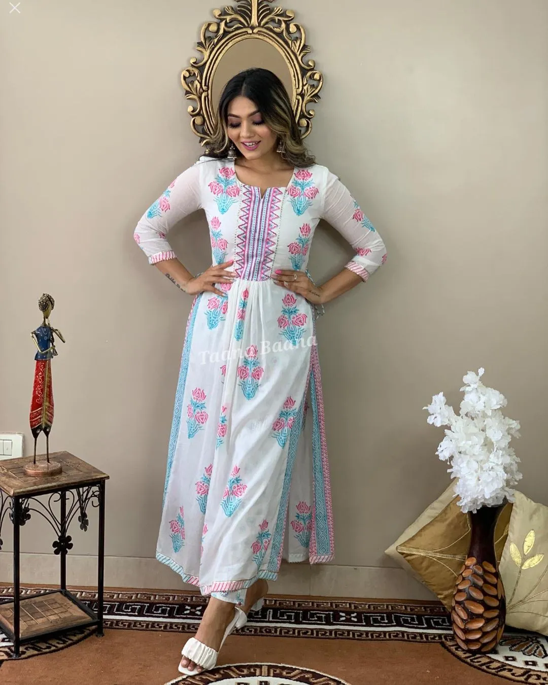 Hand Block Print Long Slit Cotton Kurti Pant Set