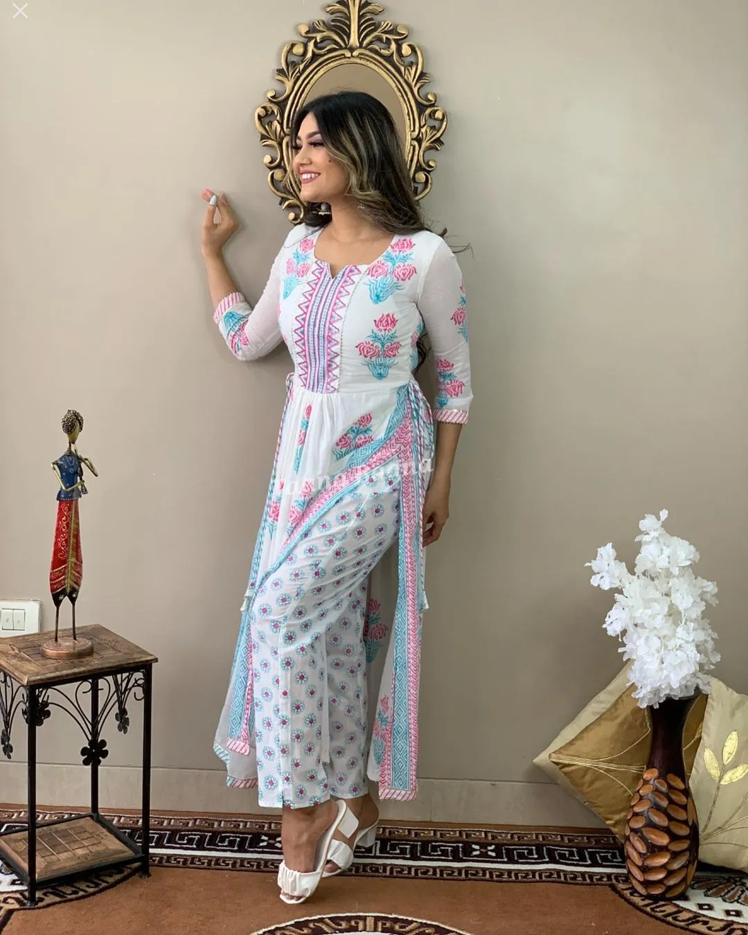 Hand Block Print Long Slit Cotton Kurti Pant Set