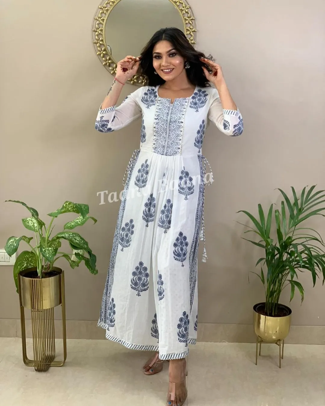 Hand Block Print Long Slit Cotton Kurti Pant Set