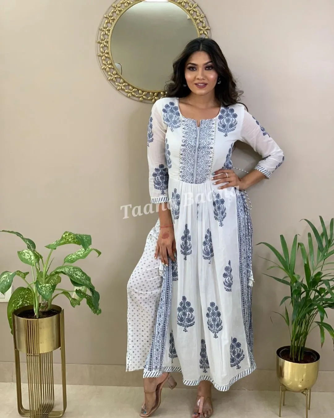 Hand Block Print Long Slit Cotton Kurti Pant Set