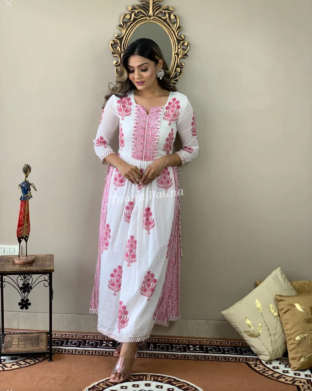 Hand Block Print Long Slit Cotton Kurti Pant Set