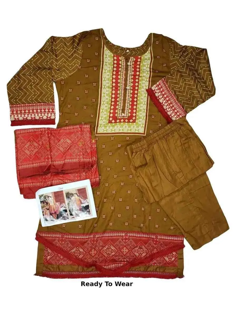 IshDeena Pakistani Dresses for Women Ready to Wear Salwar Kameez Ladies Suit - 3 Piece (Small, Bronze - Printed)