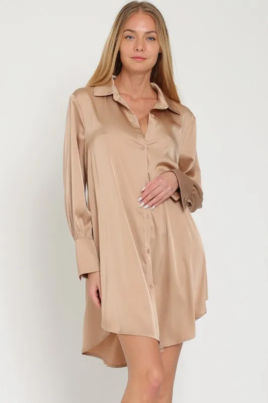 Khaki Long Sleeve Shirt Satin Mini Dress