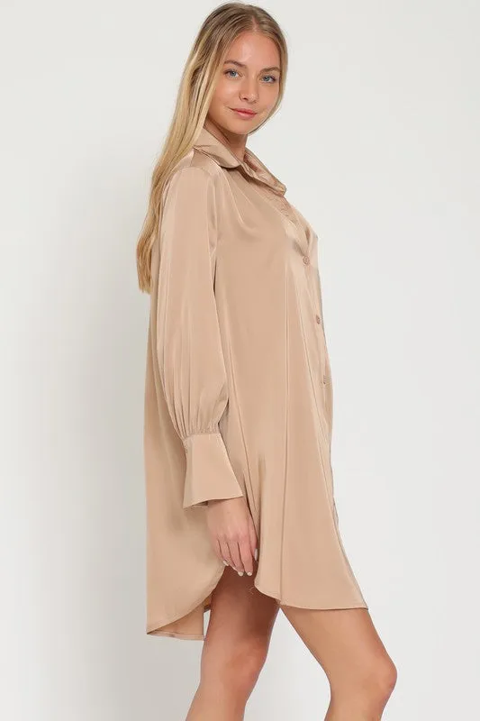Khaki Long Sleeve Shirt Satin Mini Dress
