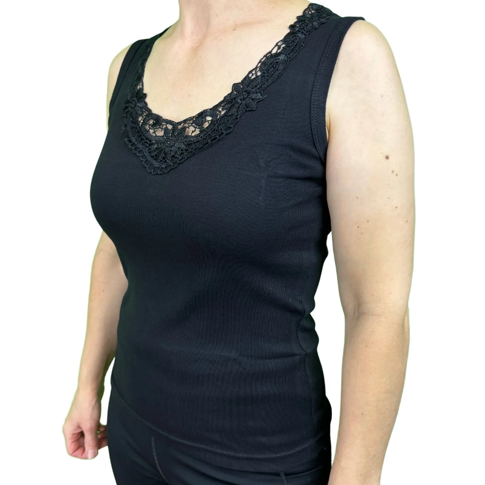 Ladies Sleeveless Singlet Top Womens Summer Basic Tank Shirt Lace Motif Front