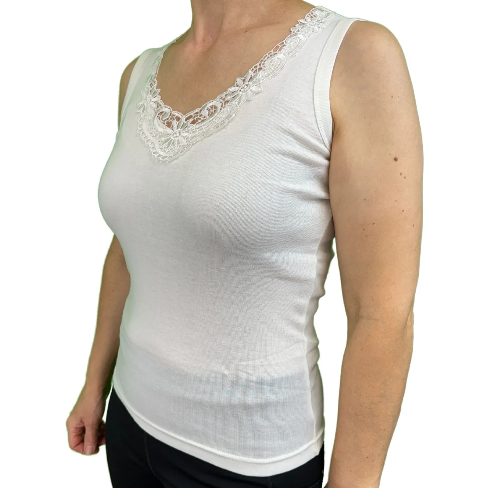 Ladies Sleeveless Singlet Top Womens Summer Basic Tank Shirt Lace Motif Front