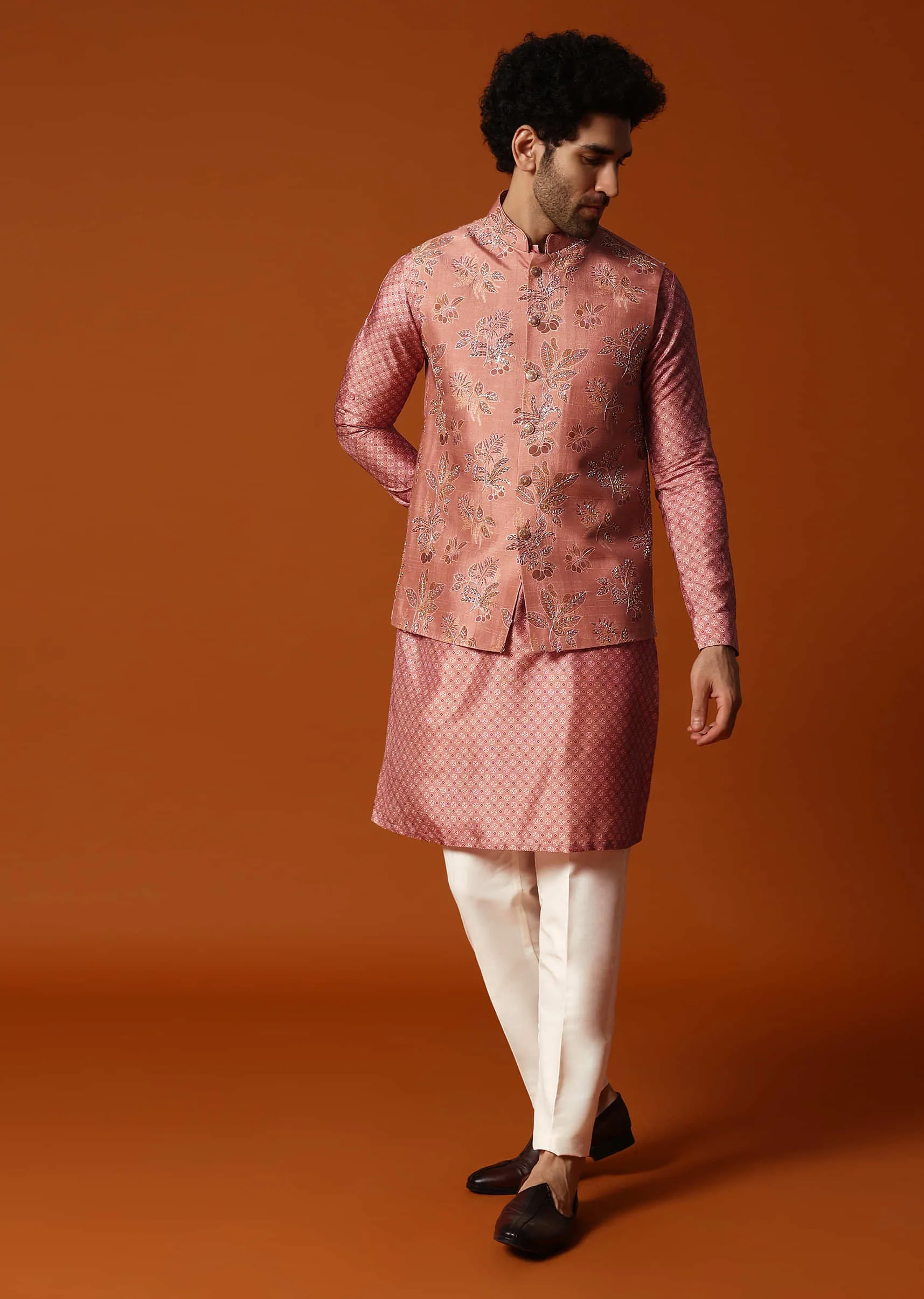 Onion Pink Kurta Jacket Set For Men