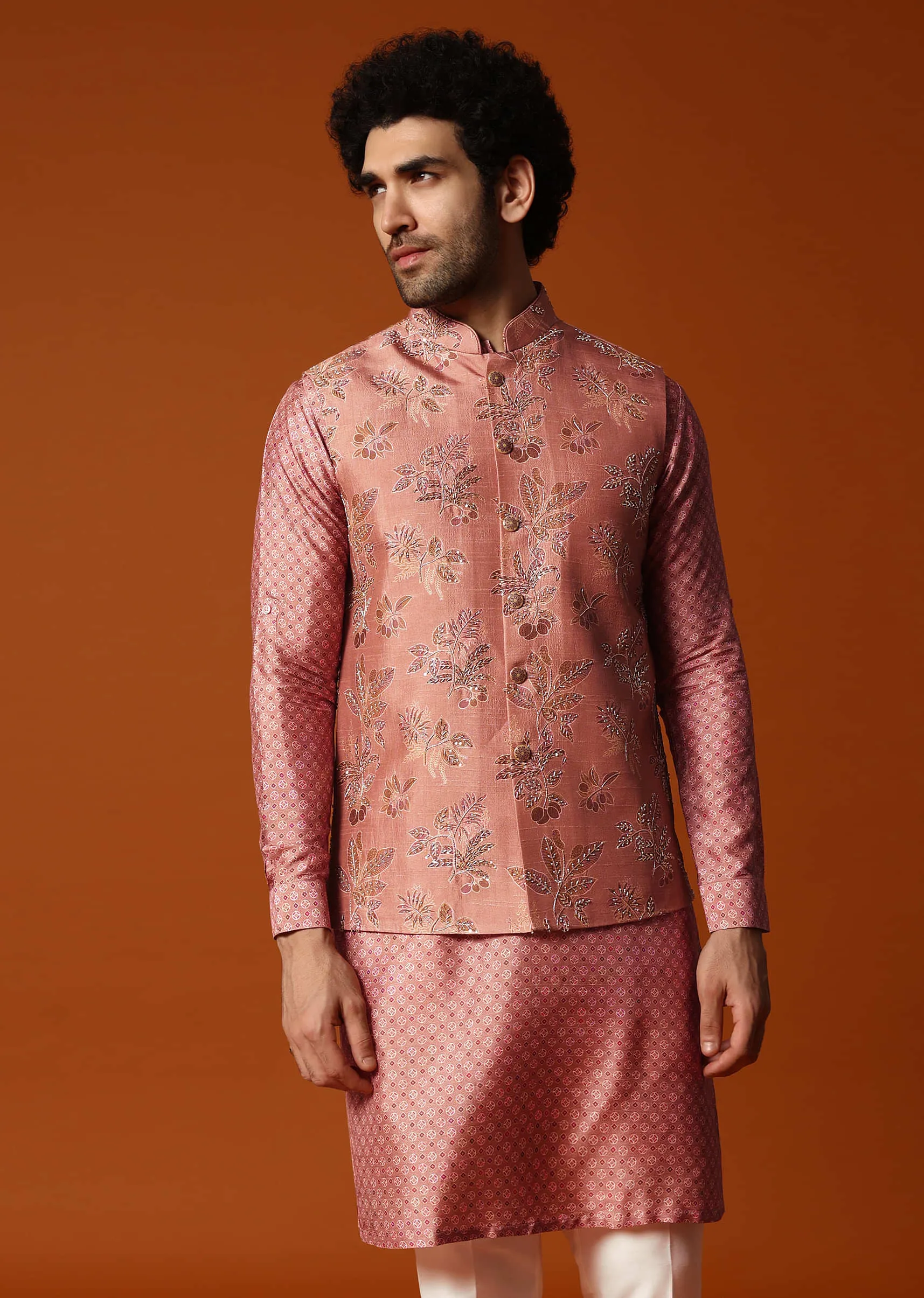 Onion Pink Kurta Jacket Set For Men