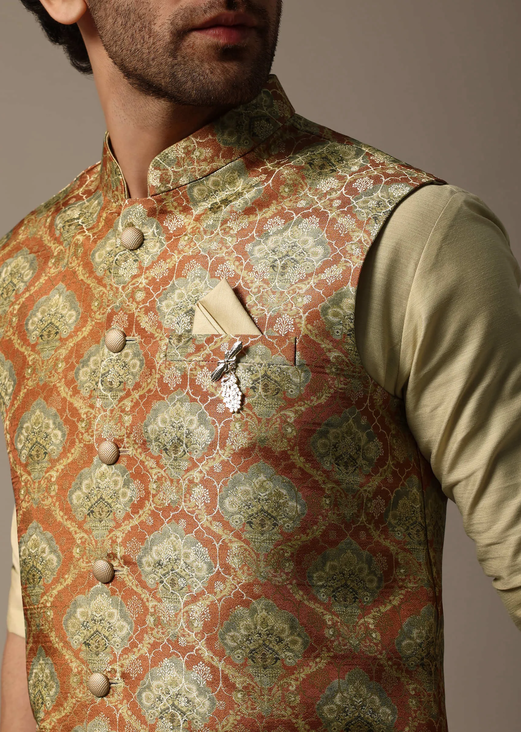 Orange Printed Jacquard Kurta Jacket Set For Men