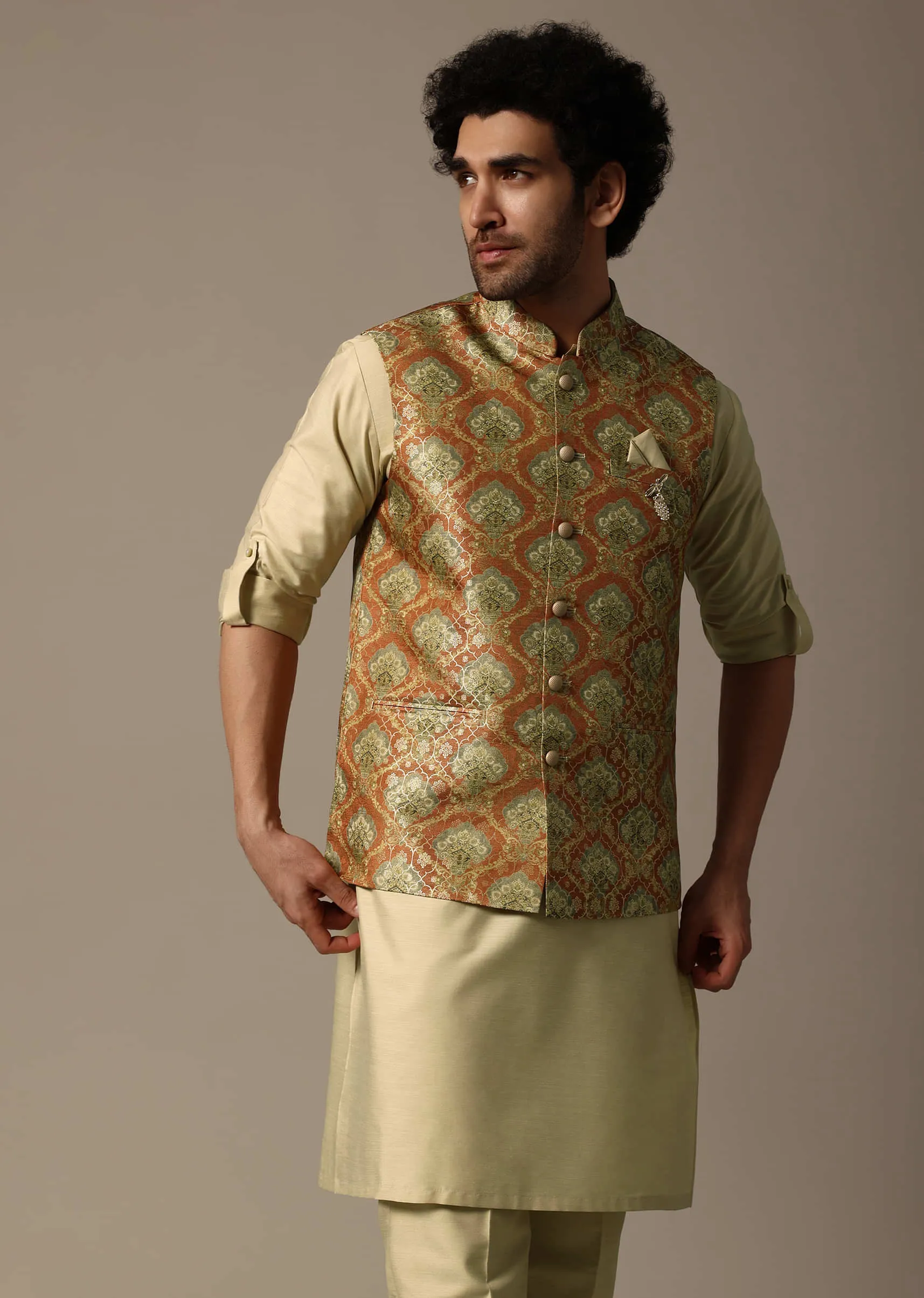 Orange Printed Jacquard Kurta Jacket Set For Men