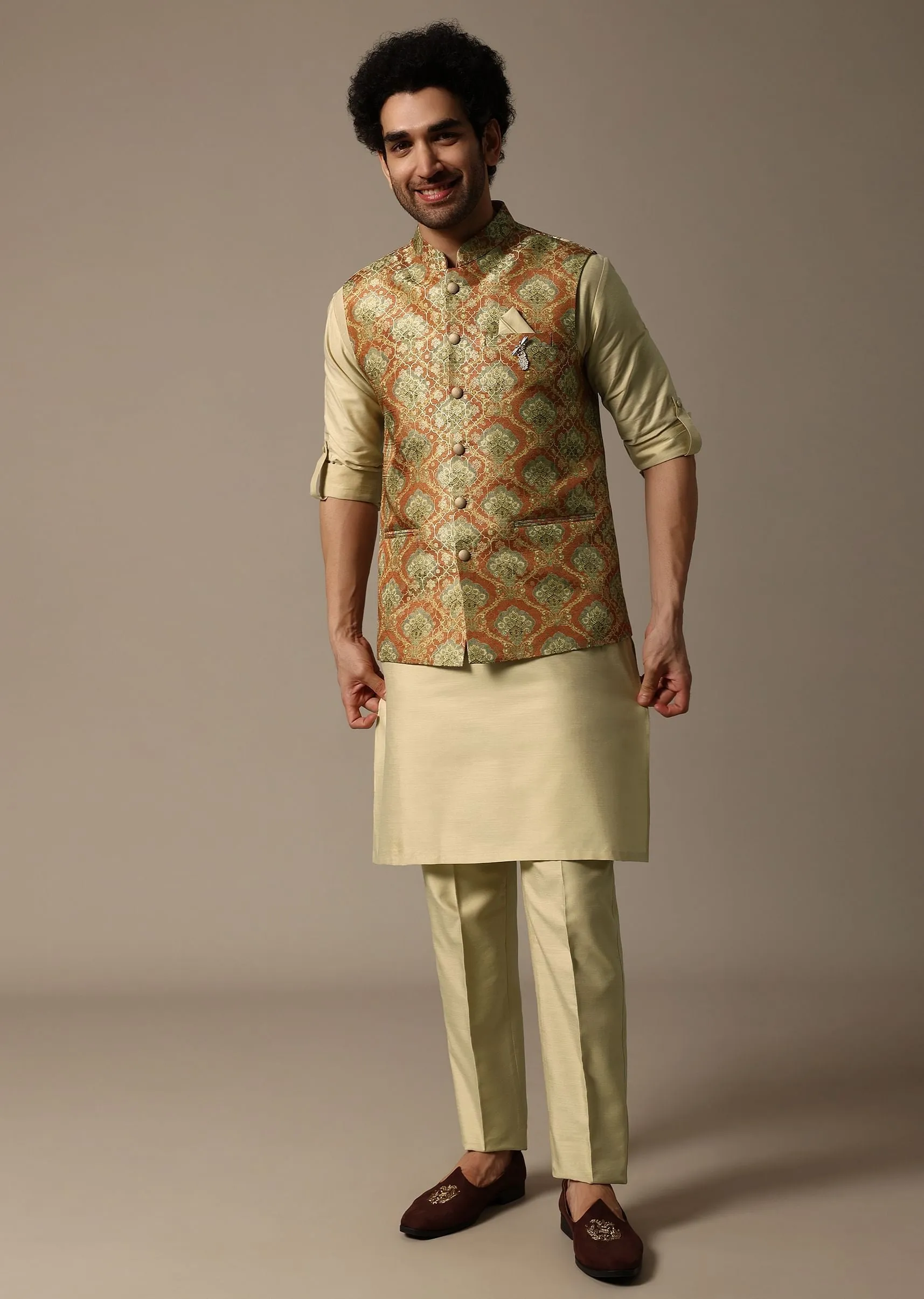 Orange Printed Jacquard Kurta Jacket Set For Men