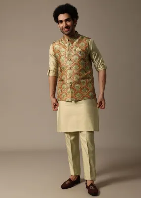Orange Printed Jacquard Kurta Jacket Set For Men