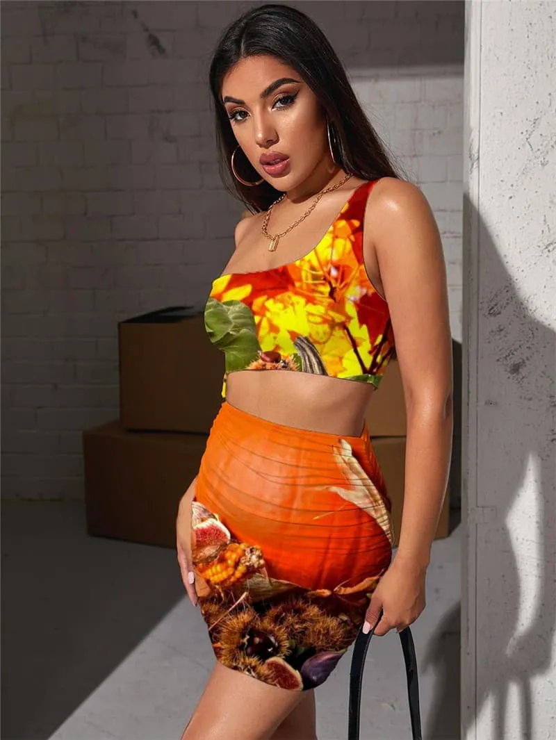 Pumpkin Dresses Women Halloween Hollow out Dresses Flower Halter Sleeveless Maple Leaf Bodycon Dress