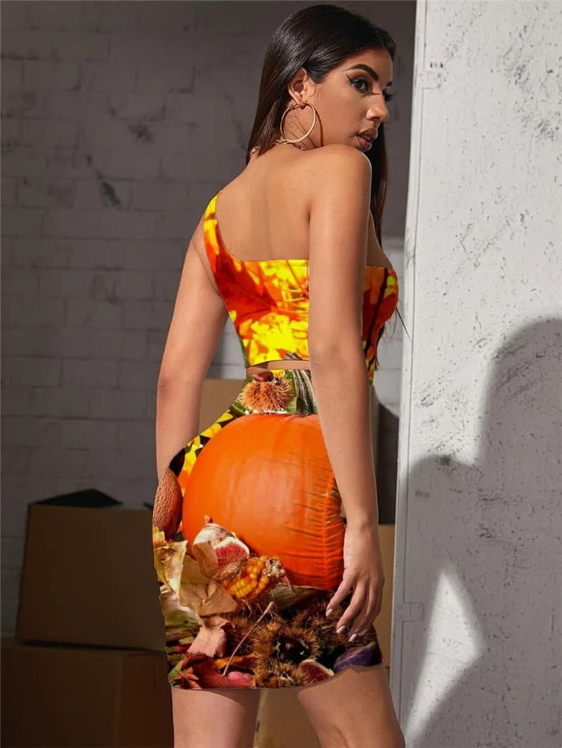 Pumpkin Dresses Women Halloween Hollow out Dresses Flower Halter Sleeveless Maple Leaf Bodycon Dress