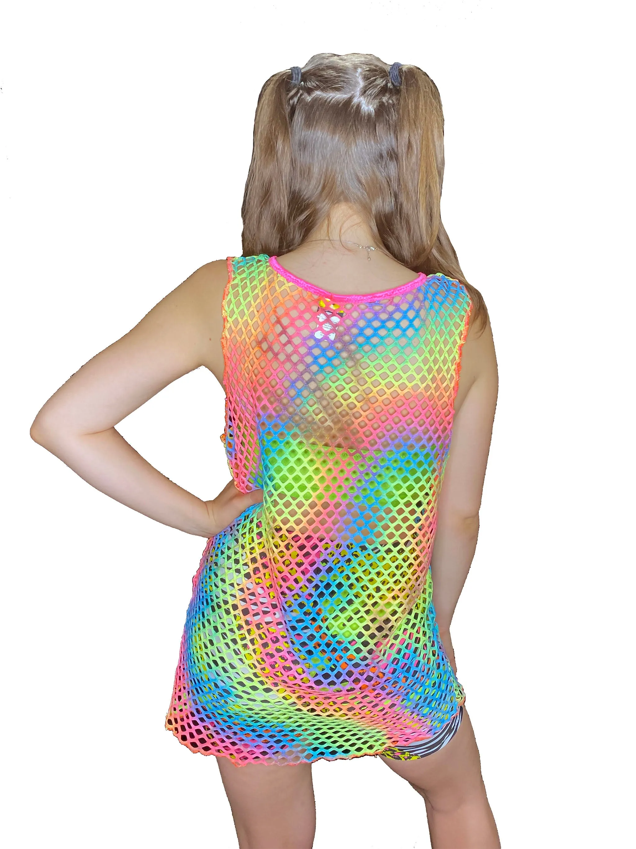 Rainbow Fishnet Tank Top with Pink Binding