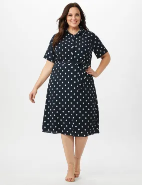 Short Sleeve Dot Shirt Dress with Self Belt