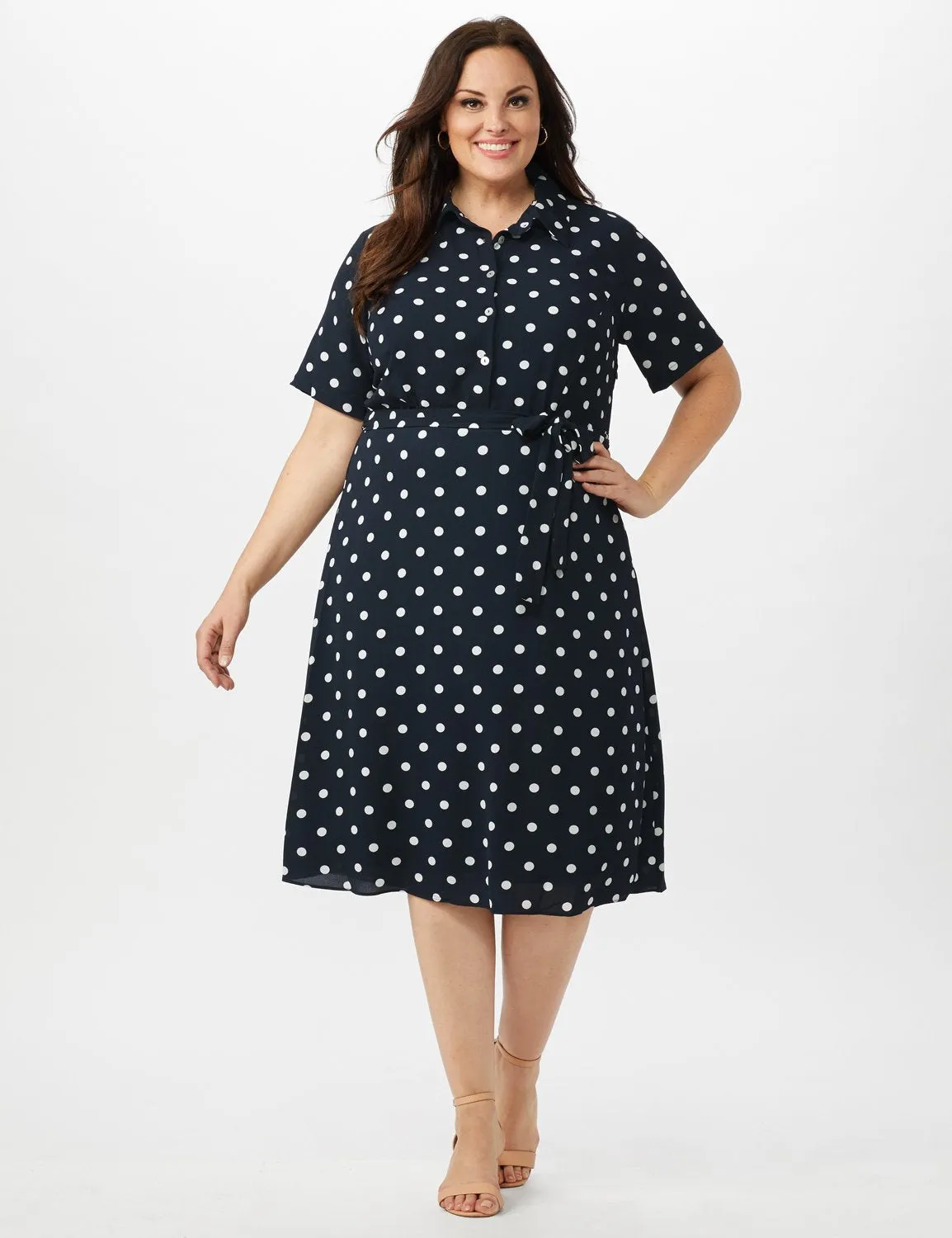 Short Sleeve Dot Shirt Dress with Self Belt