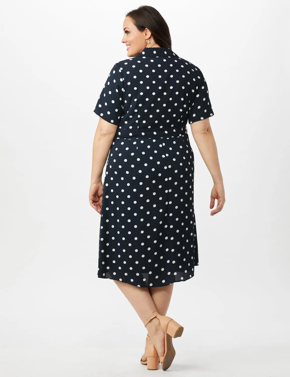 Short Sleeve Dot Shirt Dress with Self Belt