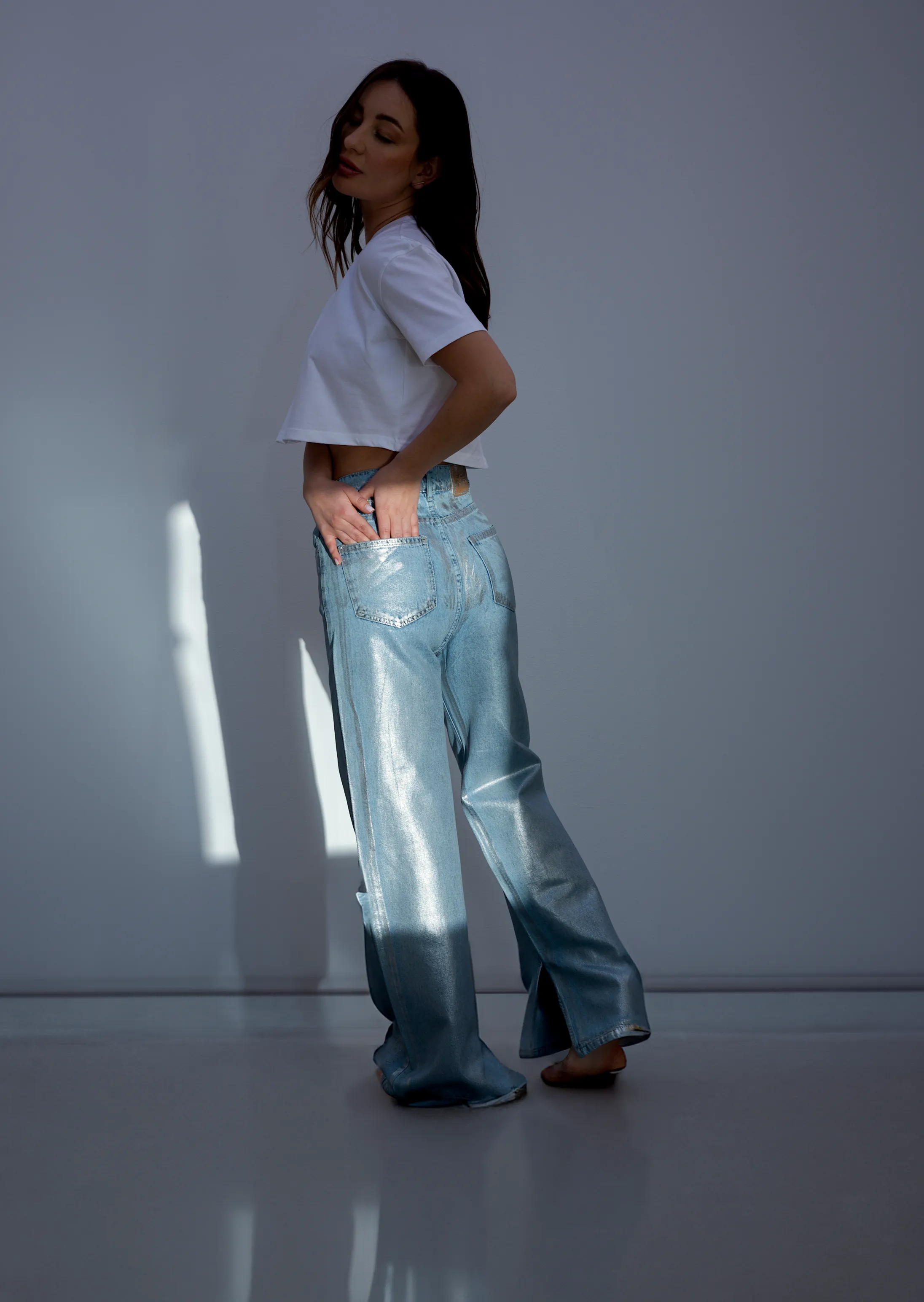 SILVER COATED LIGHT BLUE JEANS