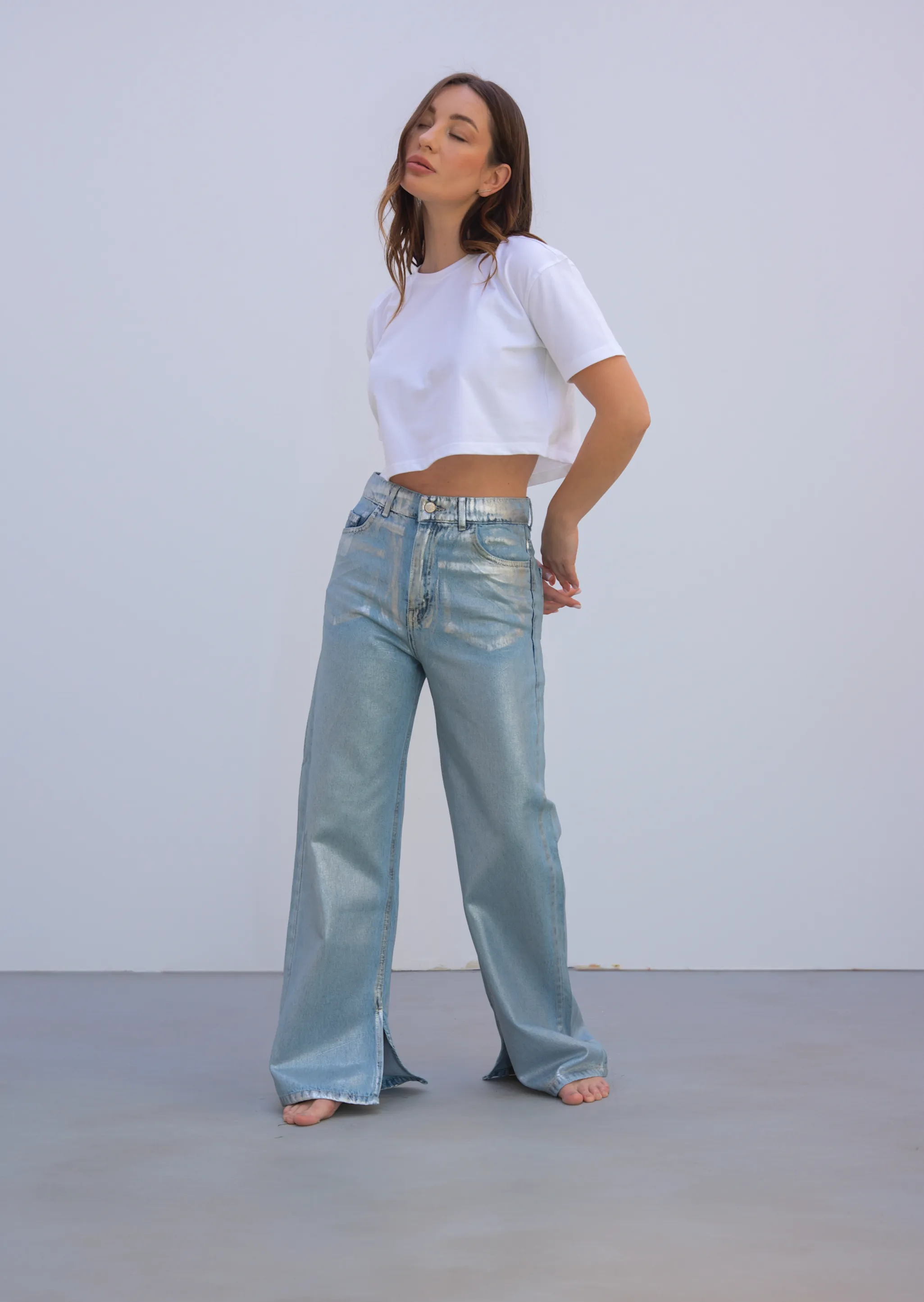 SILVER COATED LIGHT BLUE JEANS