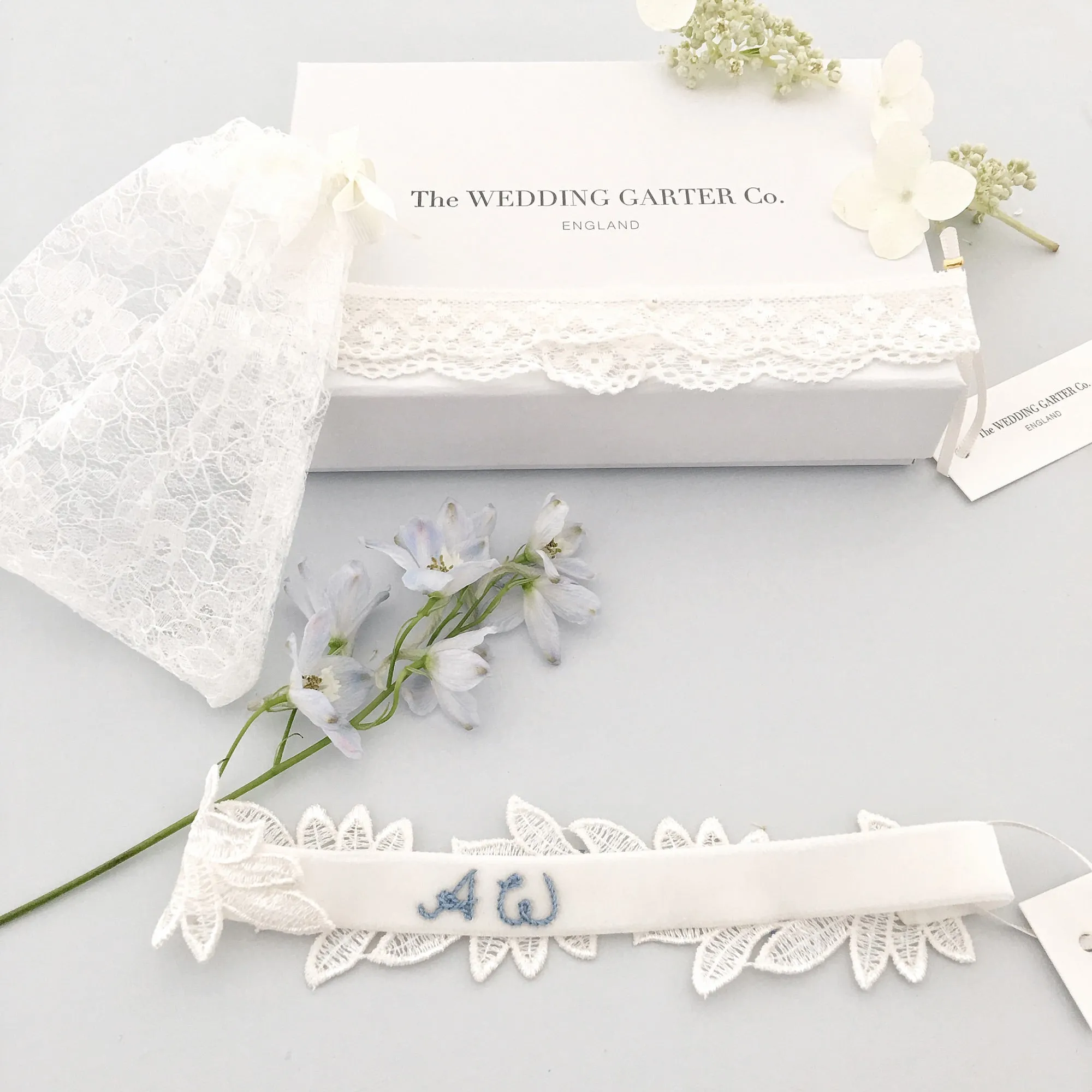 Super sleek lace leaf wedding garter with 'something blue' crystals - 'Elme'